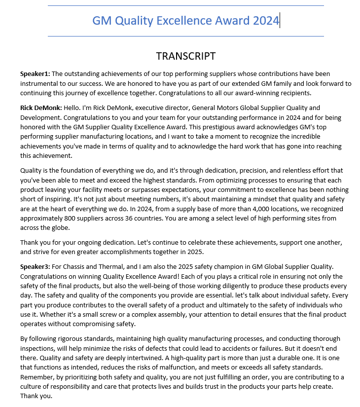 gm supplier awards 2024 transcript