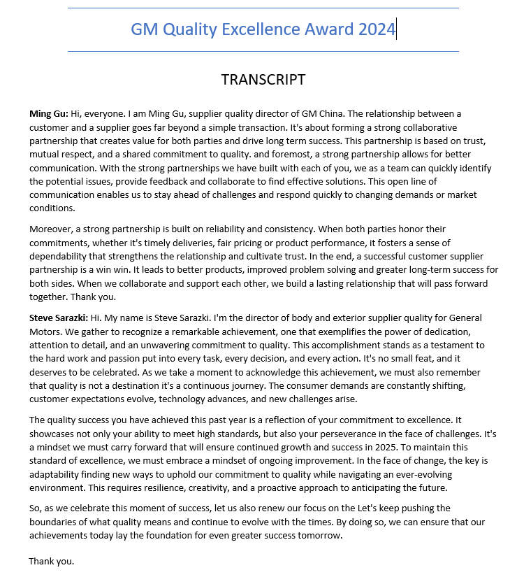 gm supplier awards 2024 transcript